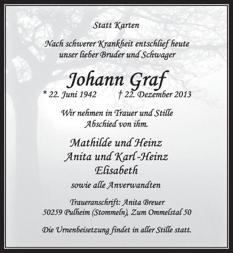  Traueranzeige für Johann Graf vom 04.01.2014 aus Sonntags-Post