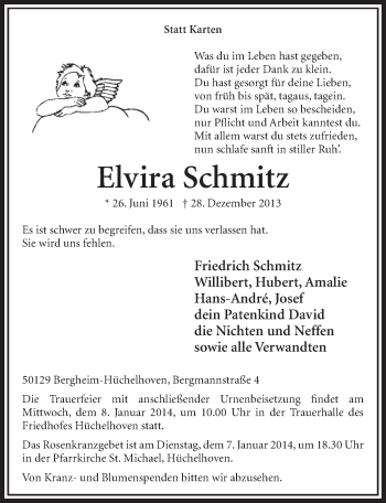 Anzeige von Elvira Schmitz von Sonntags-Post
