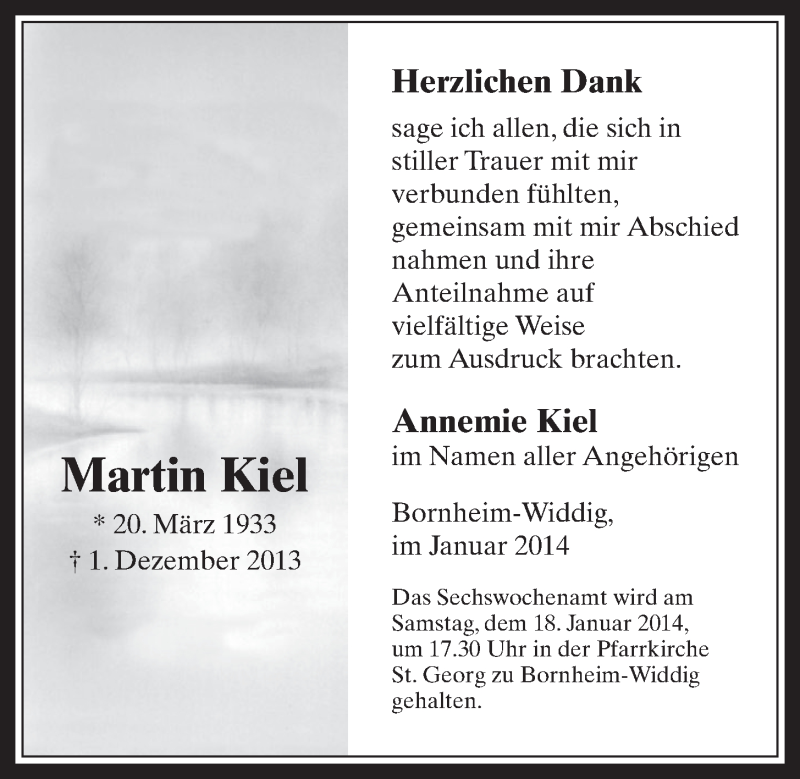  Traueranzeige für Martin Kiel vom 08.01.2014 aus  Schlossbote/Werbekurier 