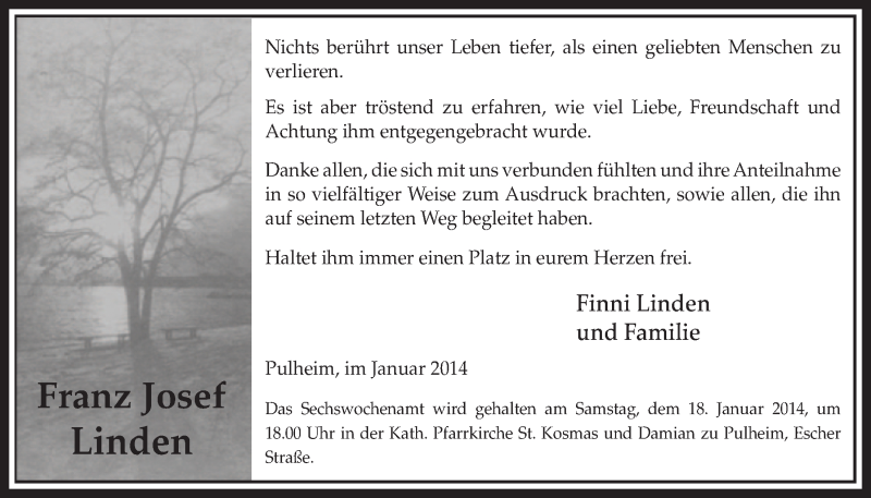  Traueranzeige für Franz Josef Linden vom 11.01.2014 aus  Sonntags-Post 