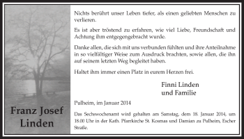 Anzeige von Franz Josef Linden von  Sonntags-Post 