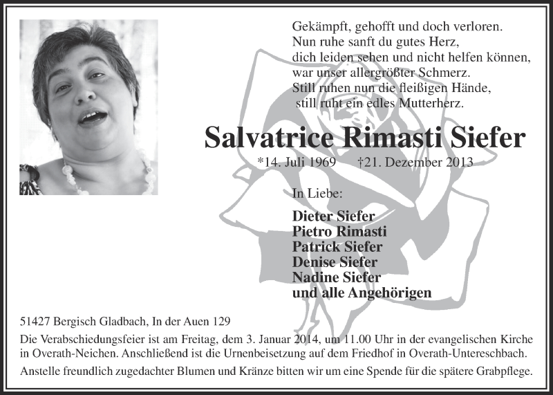  Traueranzeige für Salvatrice Rimasti Siefer vom 08.01.2014 aus  Bergisches Handelsblatt 