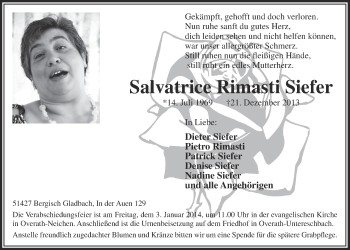 Anzeige von Salvatrice Rimasti Siefer von  Bergisches Handelsblatt 