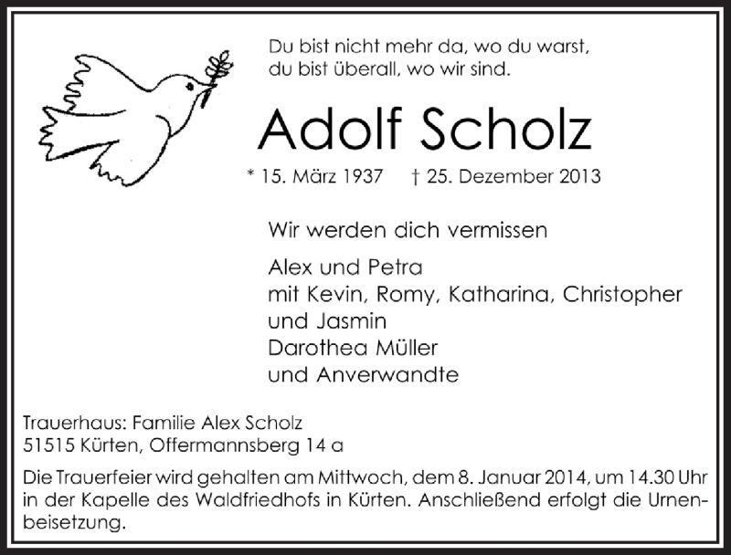  Traueranzeige für Adolf Scholz vom 04.01.2014 aus Bergisches Sonntagsblatt 