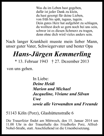 Anzeige von Hans-Jürgen Kemmerling von  Kölner Wochenspiegel 