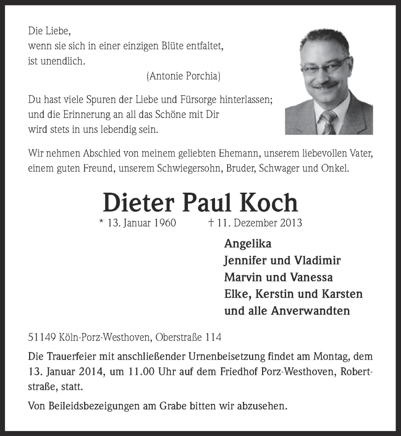  Traueranzeige für Dieter Paul Koch vom 08.01.2014 aus  Kölner Wochenspiegel 
