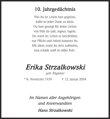 Anzeige von Erika Strzalkowski von  Kölner Wochenspiegel 