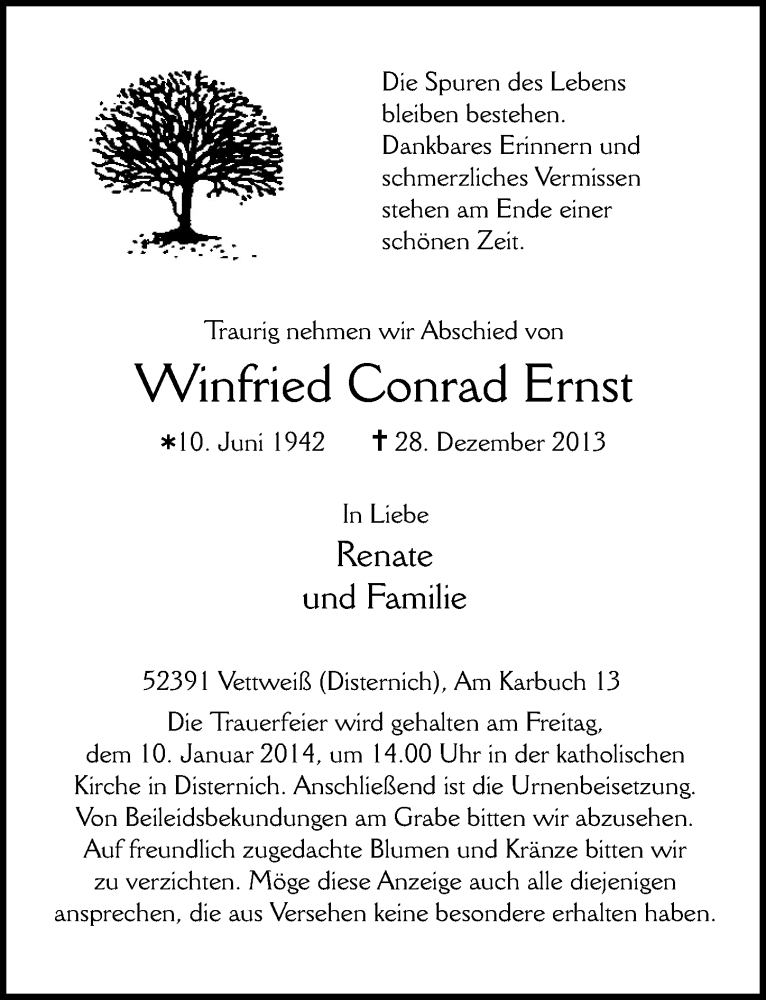  Traueranzeige für Winfried Conrad Ernst vom 05.01.2014 aus Blickpunkt Euskirchen 