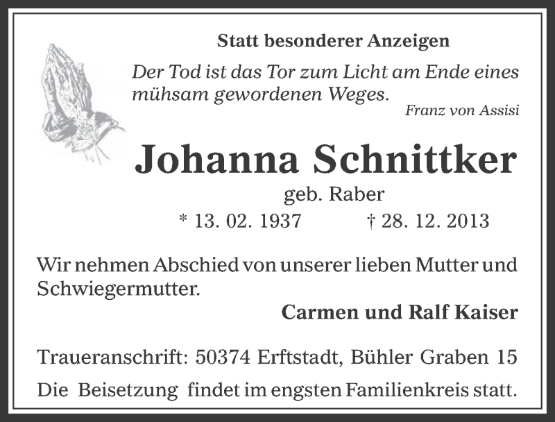  Traueranzeige für Johanna Schnittker vom 08.01.2014 aus  Werbepost 