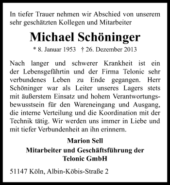 Anzeige von Michael Schöninger von  Kölner Wochenspiegel 