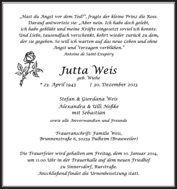 Anzeige von Jutta Weis von Sonntags-Post