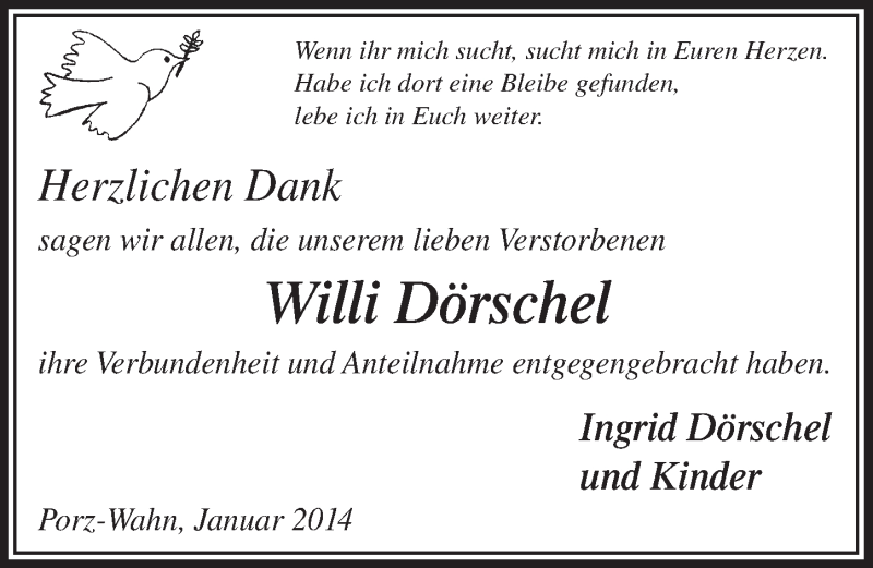  Traueranzeige für Willi Dörschel vom 08.01.2014 aus  Kölner Wochenspiegel 