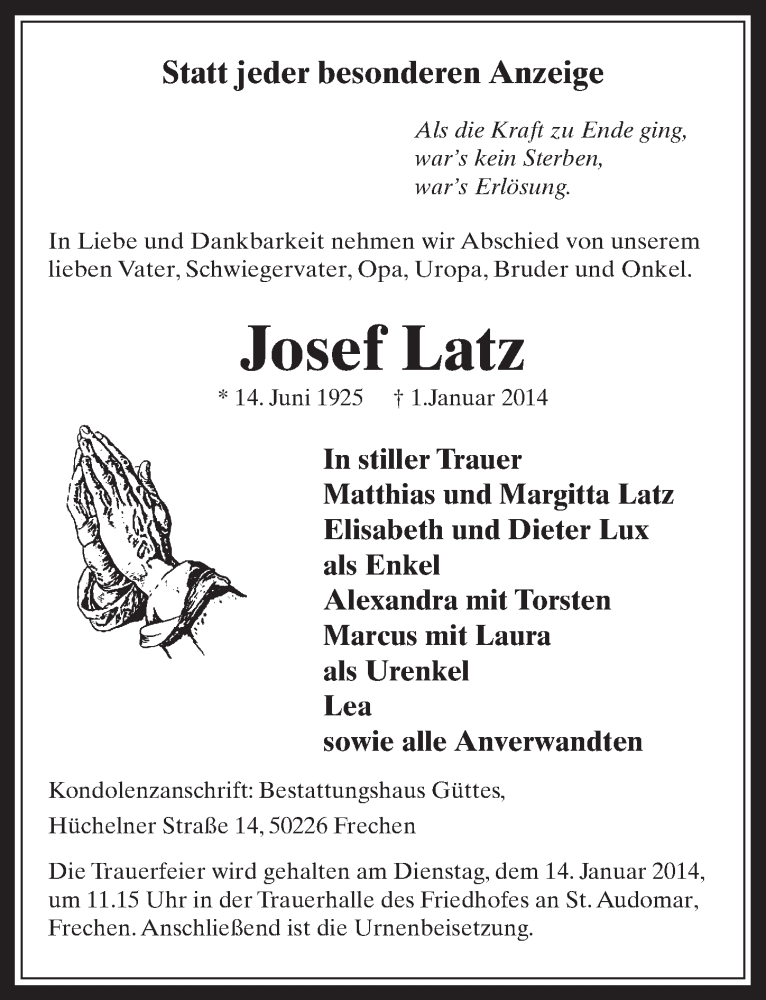  Traueranzeige für Josef Latz vom 08.01.2014 aus  Wochenende 