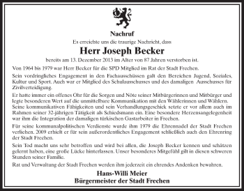 Anzeige von Joseph Becker von Sonntags-Post
