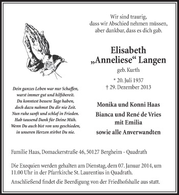 Anzeige von Elisabeth Langen von Sonntags-Post