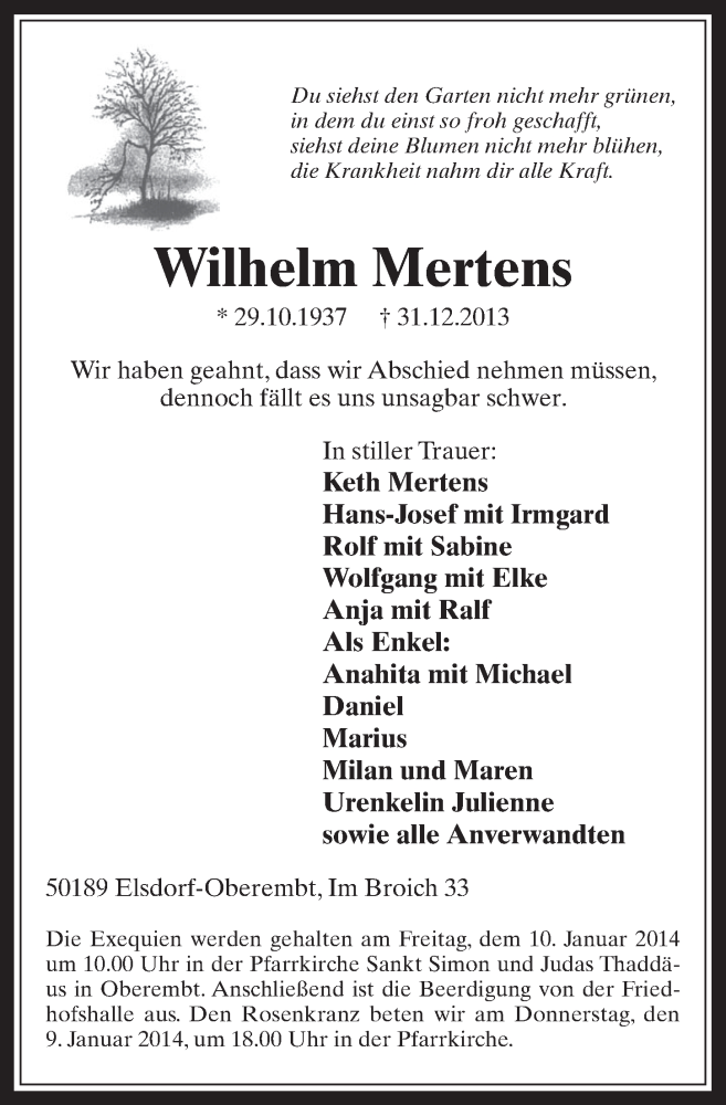  Traueranzeige für Wilhelm Mertens vom 08.01.2014 aus  Werbepost 