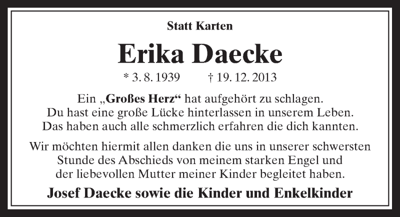  Traueranzeige für Erika Daecke vom 08.01.2014 aus  Werbepost 