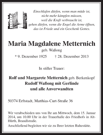 Anzeige von Maria Magdalene Metternich von  Wochenende 