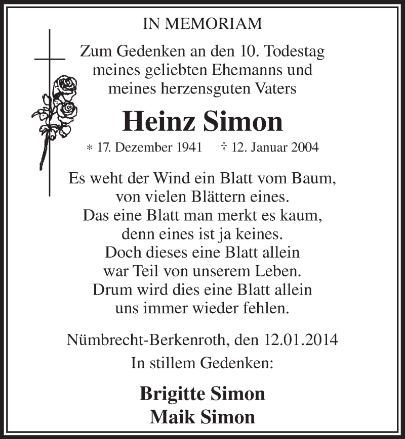  Traueranzeige für Heinz Simon vom 15.01.2014 aus  Lokalanzeiger 