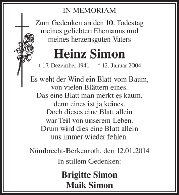 Anzeige von Heinz Simon von  Lokalanzeiger 