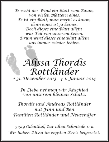 Anzeige von Alissa Thordis Rottländer von  Bergisches Handelsblatt 