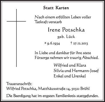 Anzeige von Irene Potschka von  Schlossbote/Werbekurier 