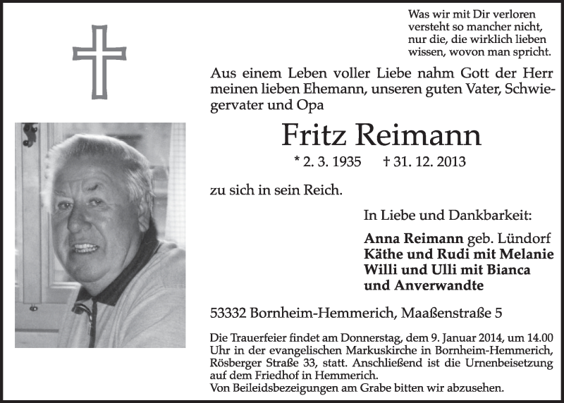  Traueranzeige für Fritz Reimann vom 08.01.2014 aus  Schlossbote/Werbekurier 