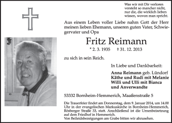 Anzeige von Fritz Reimann von  Schlossbote/Werbekurier 