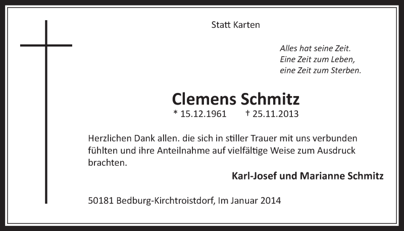  Traueranzeige für Clemens Schmitz vom 08.01.2014 aus  Werbepost 