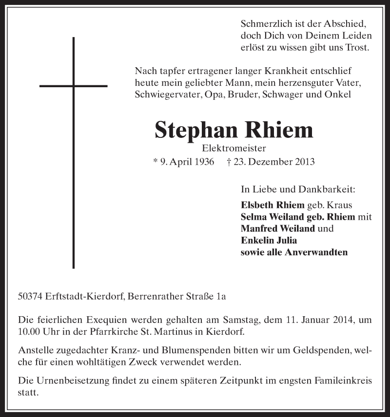  Traueranzeige für Stephan Rhiem vom 08.01.2014 aus  Werbepost 