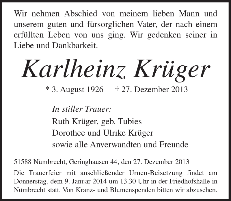  Traueranzeige für Karlheinz Krüger vom 08.01.2014 aus  Lokalanzeiger 
