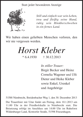 Anzeige von Horst Kleber von  Lokalanzeiger 