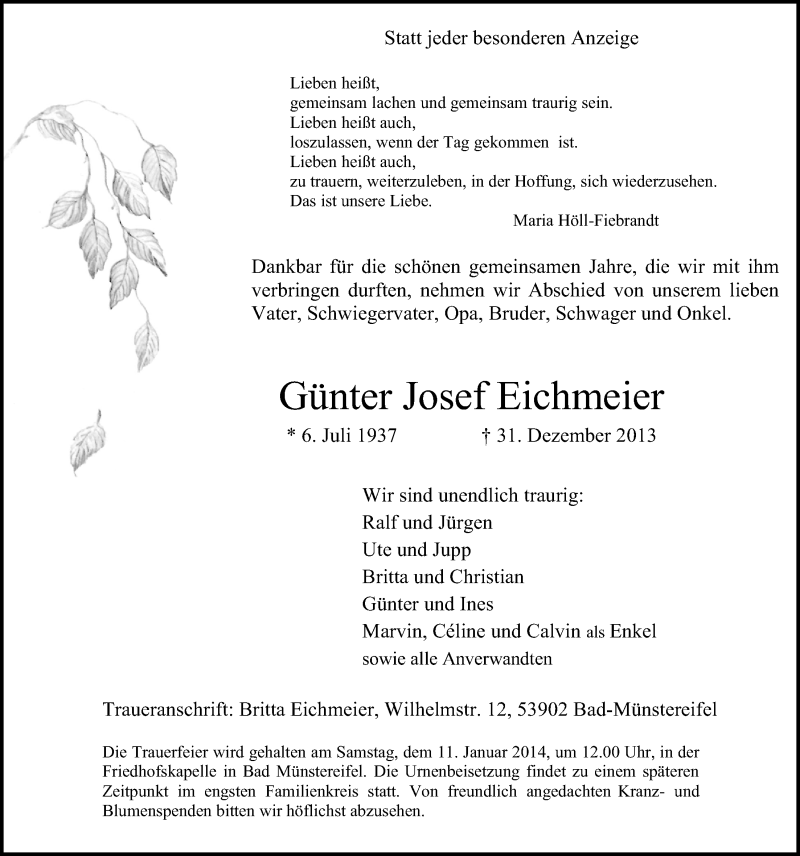  Traueranzeige für Günter Josef Eichmeier vom 05.01.2014 aus Blickpunkt Euskirchen 
