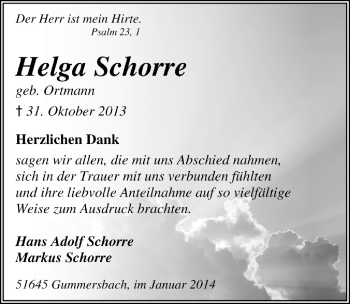 Anzeige von Helga Schorre von  Anzeigen Echo 