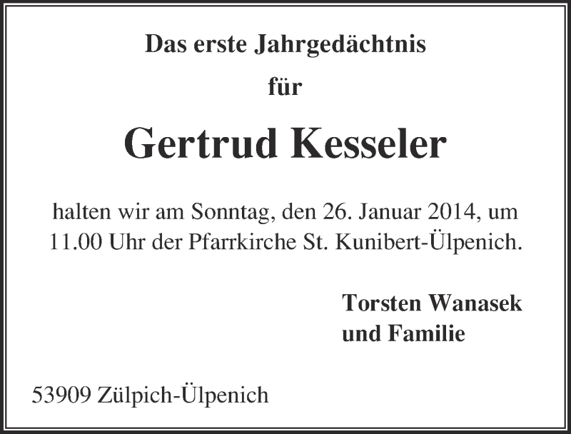  Traueranzeige für Gertrud Kesseler vom 19.01.2014 aus  Blickpunkt Euskirchen 