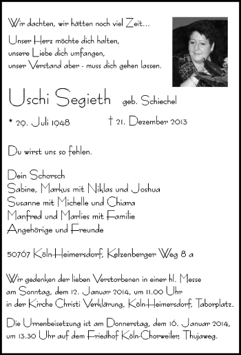 Anzeige von Uschi Segieth von  Kölner Wochenspiegel 