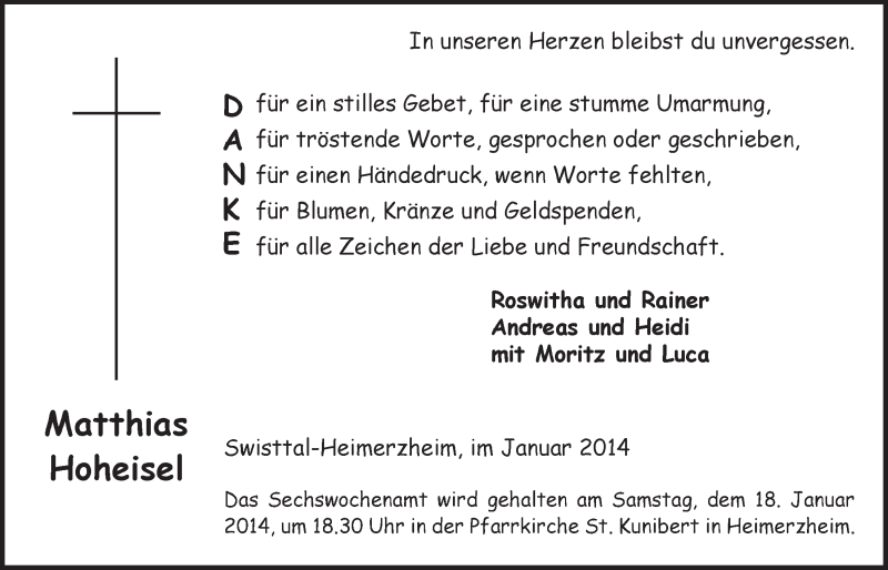  Traueranzeige für Matthias Hoheisel vom 08.01.2014 aus  Schaufenster/Blickpunkt 