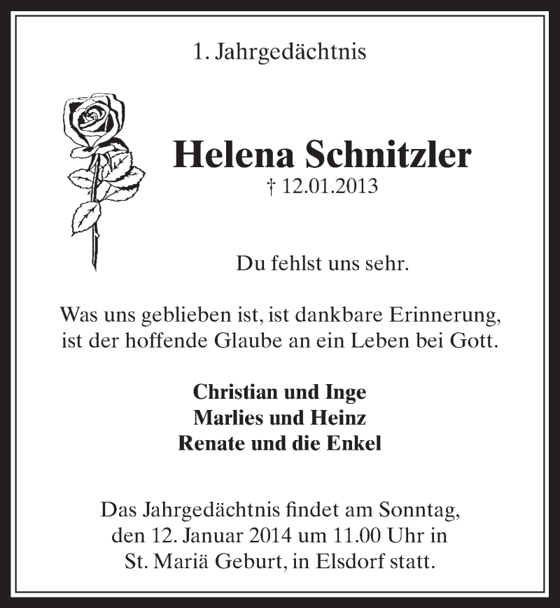  Traueranzeige für Helena Schnitzler vom 08.01.2014 aus  Werbepost 