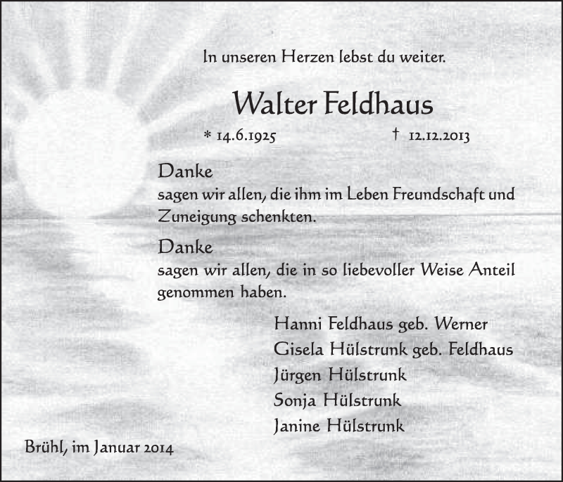  Traueranzeige für Walter Feldhaus vom 08.01.2014 aus  Schlossbote/Werbekurier 