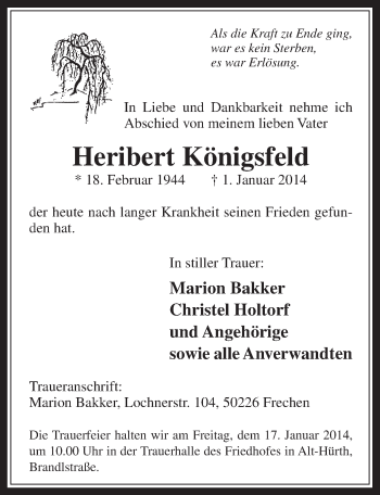 Anzeige von Heribert Königsfeld von  Wochenende  Schlossbote/Werbekurier 