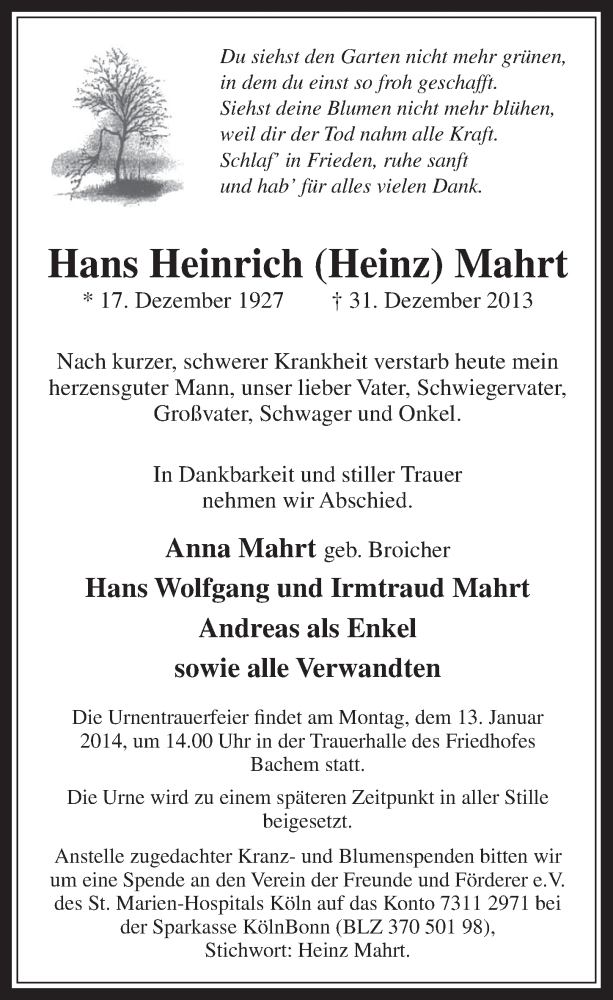  Traueranzeige für Hans Heinrich Mahrt vom 08.01.2014 aus  Wochenende 