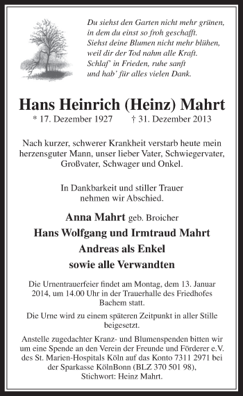 Anzeige von Hans Heinrich Mahrt von  Wochenende 