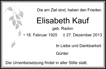 Anzeige von Elisabeth Kauf von  Bergisches Handelsblatt 