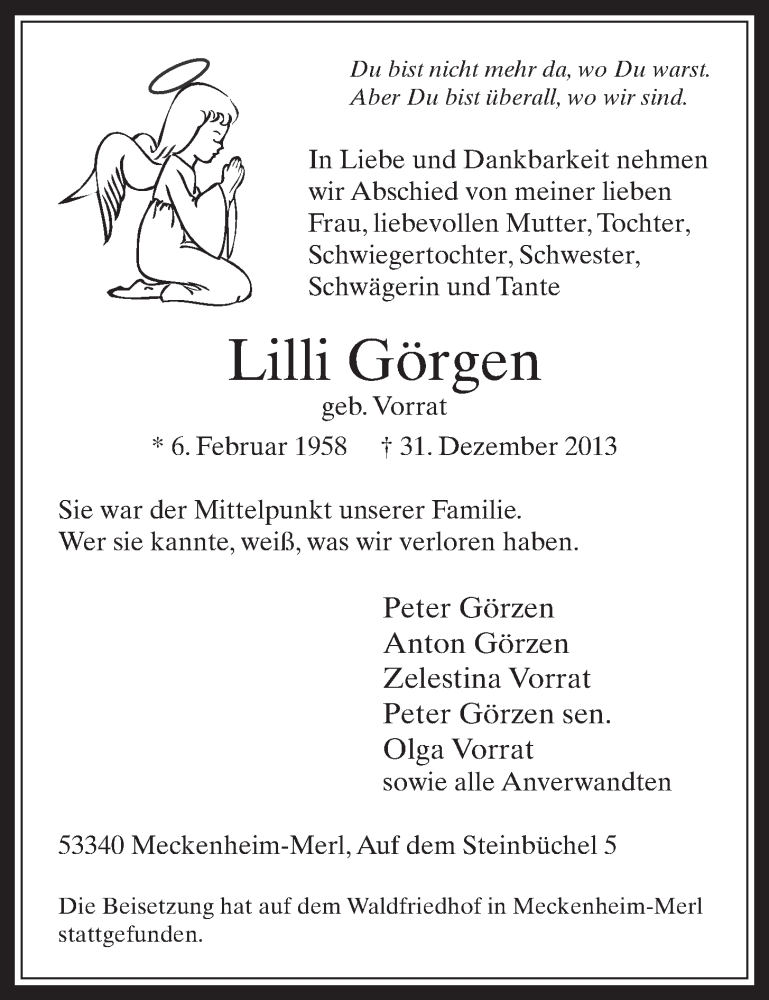 Traueranzeige für Lilli Görgen vom 08.01.2014 aus  Schaufenster/Blickpunkt 