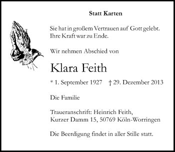 Anzeige von Klara Feith von  Kölner Wochenspiegel 
