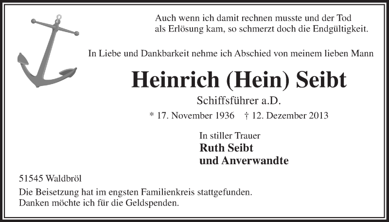  Traueranzeige für Heinrich Seibt vom 08.01.2014 aus  Lokalanzeiger 
