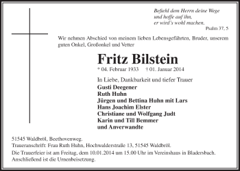 Anzeige von Fritz Bilstein von  Lokalanzeiger 
