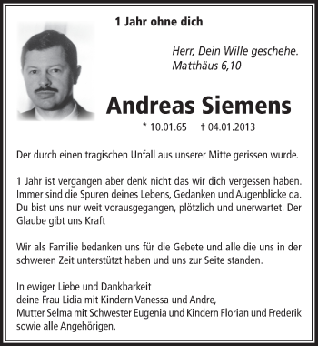 Anzeige von Andreas Siemens von  Lokalanzeiger 