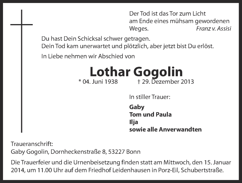  Traueranzeige für Lothar Gogolin vom 08.01.2014 aus  Kölner Wochenspiegel 