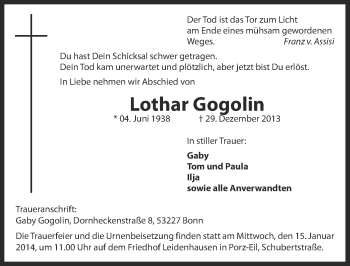 Anzeige von Lothar Gogolin von  Kölner Wochenspiegel 